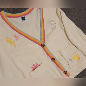 Girl's Sz L Old Navy Cream Cardigan with Rainbow Trim Embroidery Women's Small